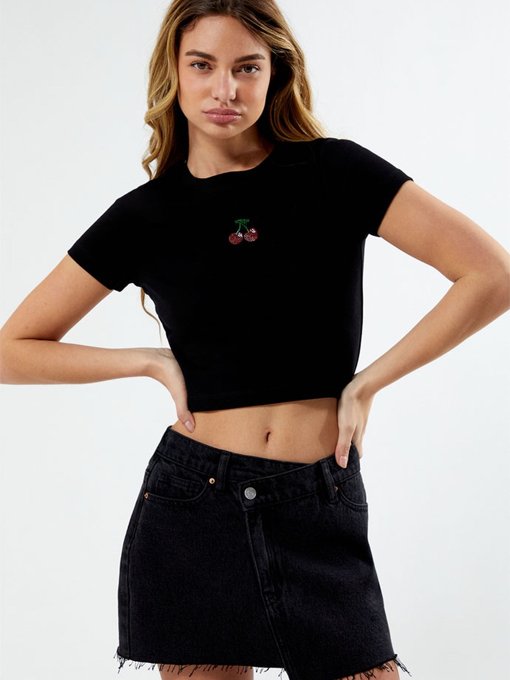 PacSun Black Cropped Cherry Rhinestone Baby T-Shirt